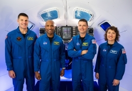 The Artemis II crew in an Orion simulator at NASA Johnson Space Center in Houston